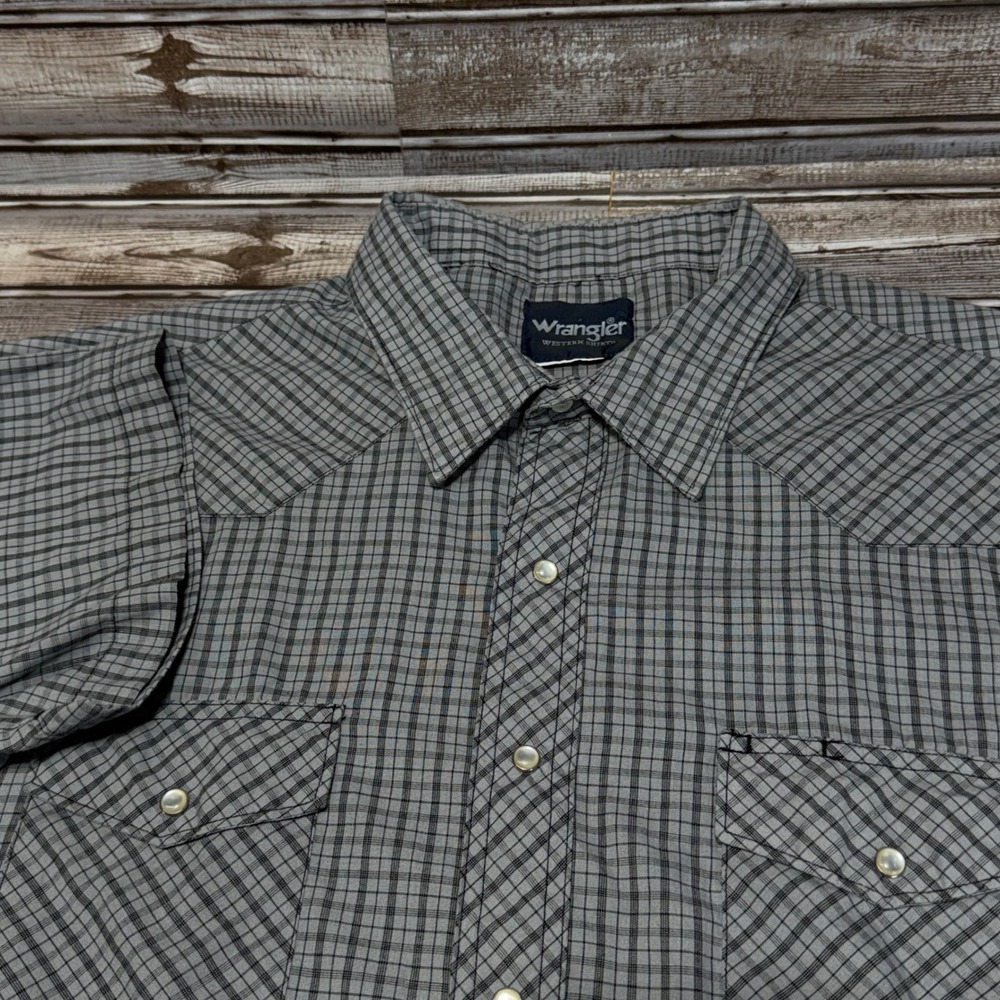 Wrangler Western Shirt Mens 2XL Gray Plaid Pearl Snap Short Sleeve Yoke Pocket